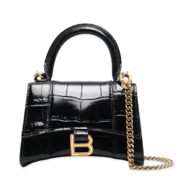 BALENCIAGA Hourglass Mini Handbag With Chain In Shiny Crocodile Embossed Calfskin "Black"