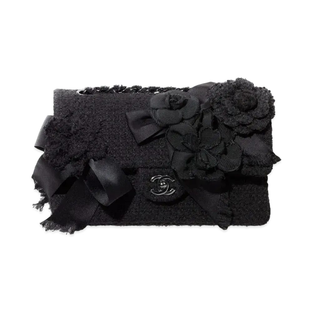 CHANEL Classic Hand Bag Embroidery Tweed Silk & Cotton "Black"