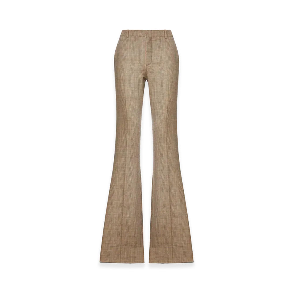 Saint Laurent Women's Prince Of Wales Flared Trousers In Prince Of Wales Houndstoned Wool "Nude/Neutrals"