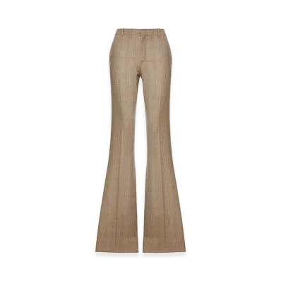 Saint Laurent Women's Prince Of Wales Flared Trousers In Prince Of Wales Houndstoned Wool "Nude/Neutrals"