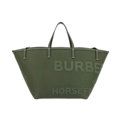 Burberry Mini Horseferry Linen Cotton Canvas Beach Tote "Dark Fern Green"