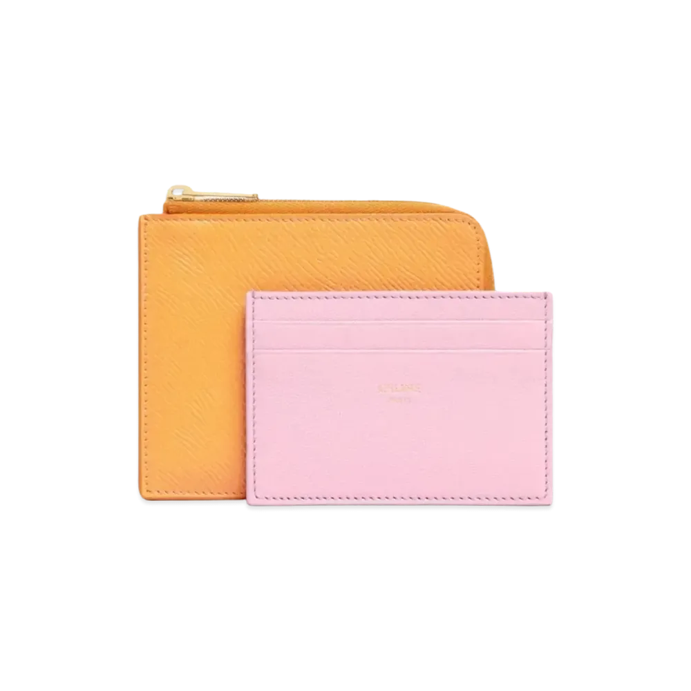 CELINE Zipped Purse with Removable Card Holder in Grained Calfskin and Smooth Lambskin "Calendula/Rose Quartz"