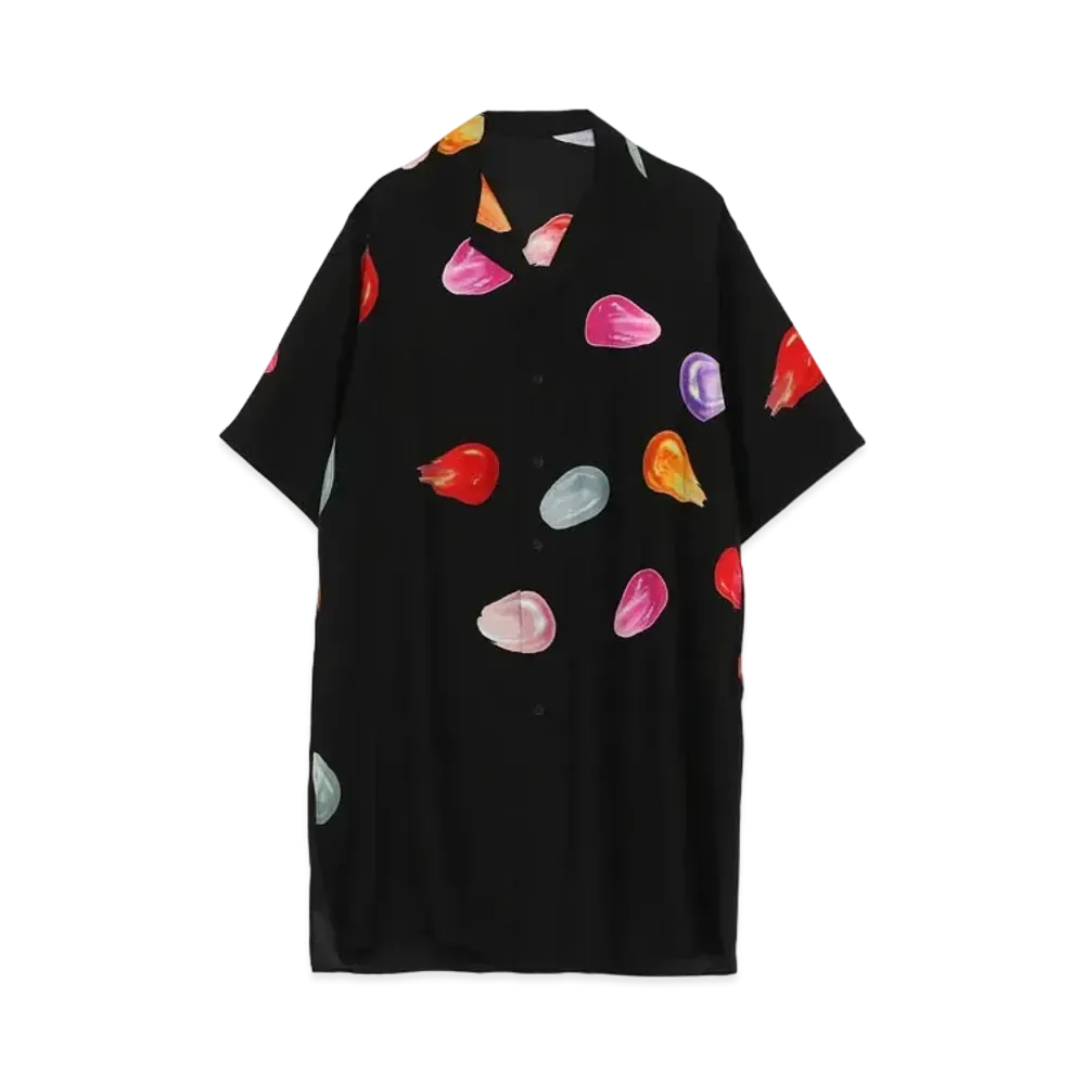Yohji Yamamoto Pour Homme SILK SATIN TEARS PRINT OPEN COLLAR SHORT SLEEVES BLOUSE "Black"