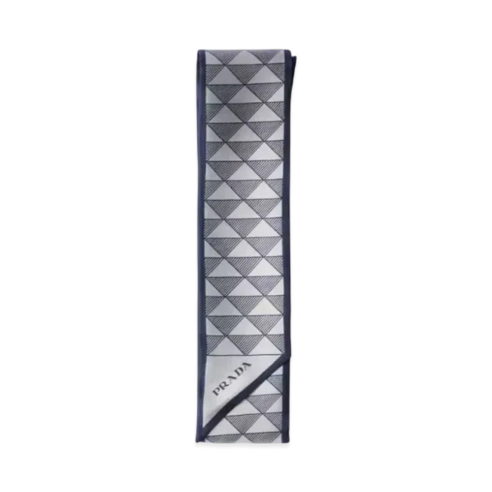 PRADA Printed Silk Skinny Scarf "Navy/Off White"