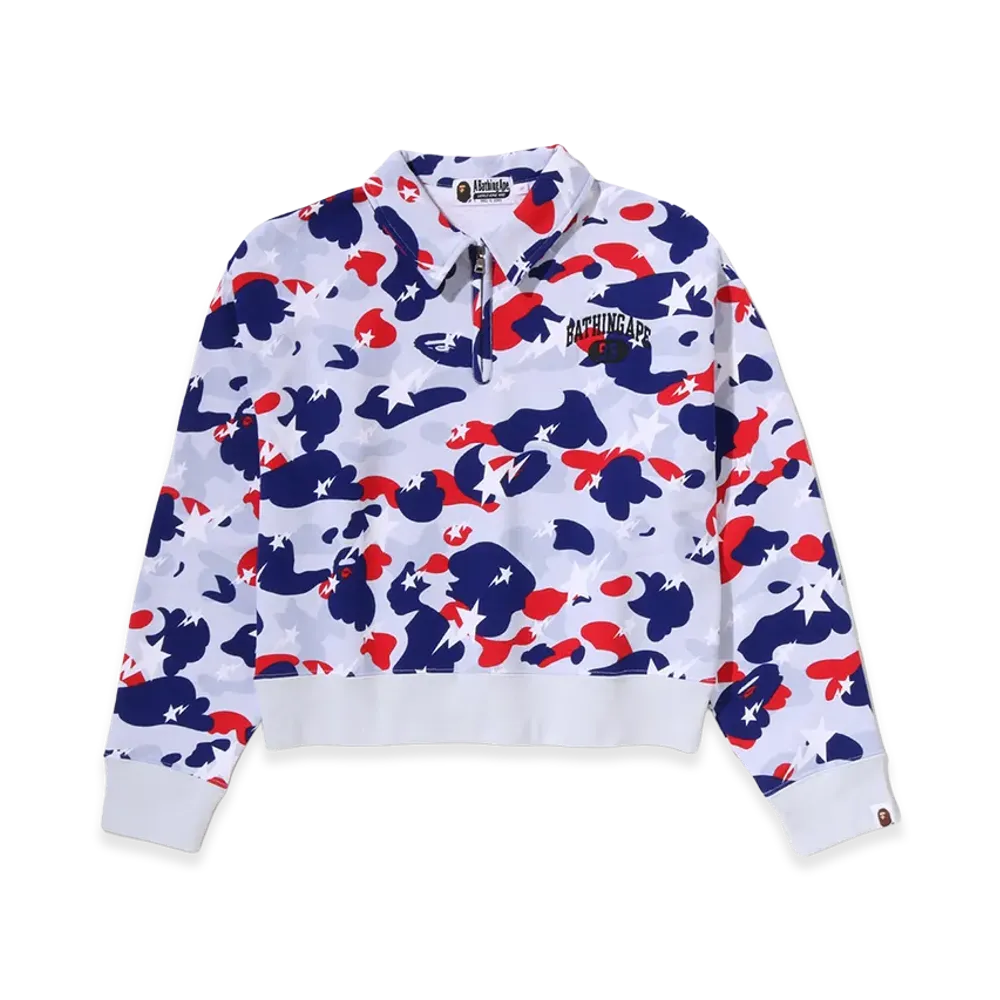 A BATHING APE Women's Sta Strike Camo Polo Cropped Crewneck Sweatshirt "White"