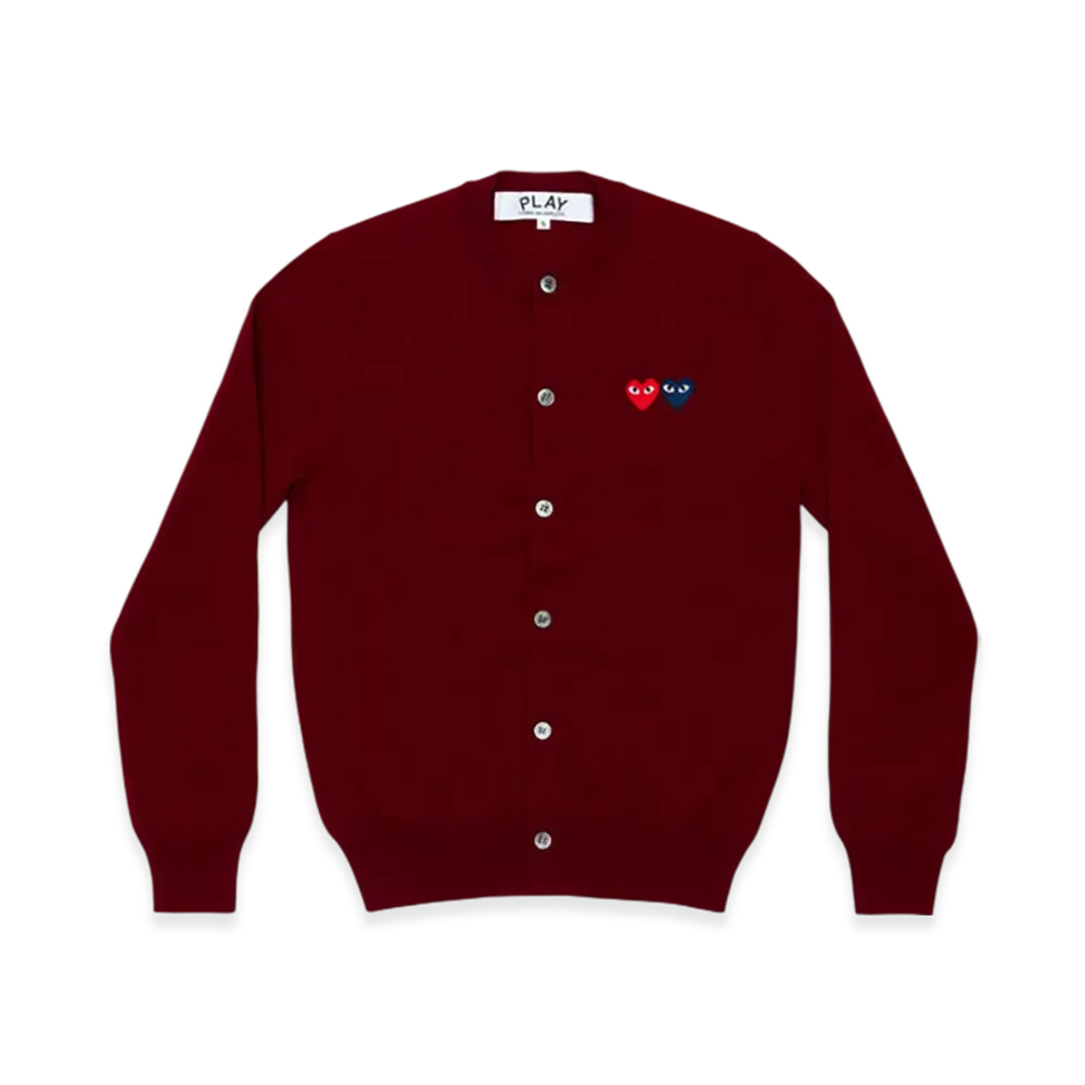 PLAY COMME des GARCONS Round Neck Cardigan With Twin Red x Blue Emblem "Burgundy"