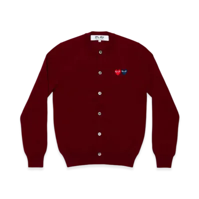 PLAY COMME des GARCONS Round Neck Cardigan With Twin Red x Blue Emblem "Burgundy"