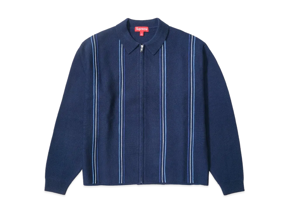 Supreme Stripe Zip Up Polo Sweater "Navy"