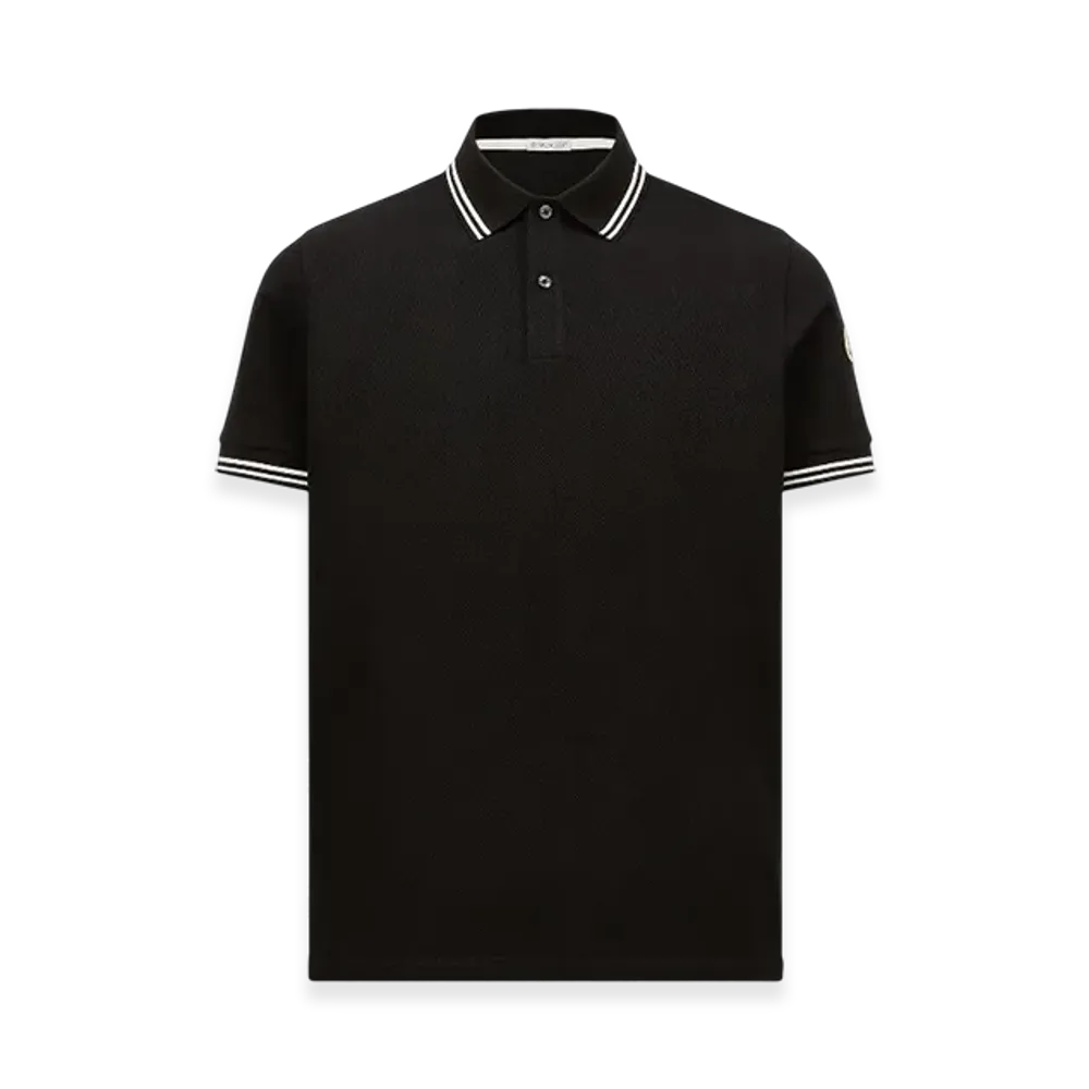 MONCLER Striped Trim Cotton Piquet Polo Shirt "Black"