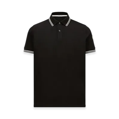 MONCLER Striped Trim Cotton Piquet Polo Shirt "Black"
