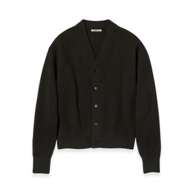AURALEE French Merino Rib Knit Cardigan "Dark Brown"