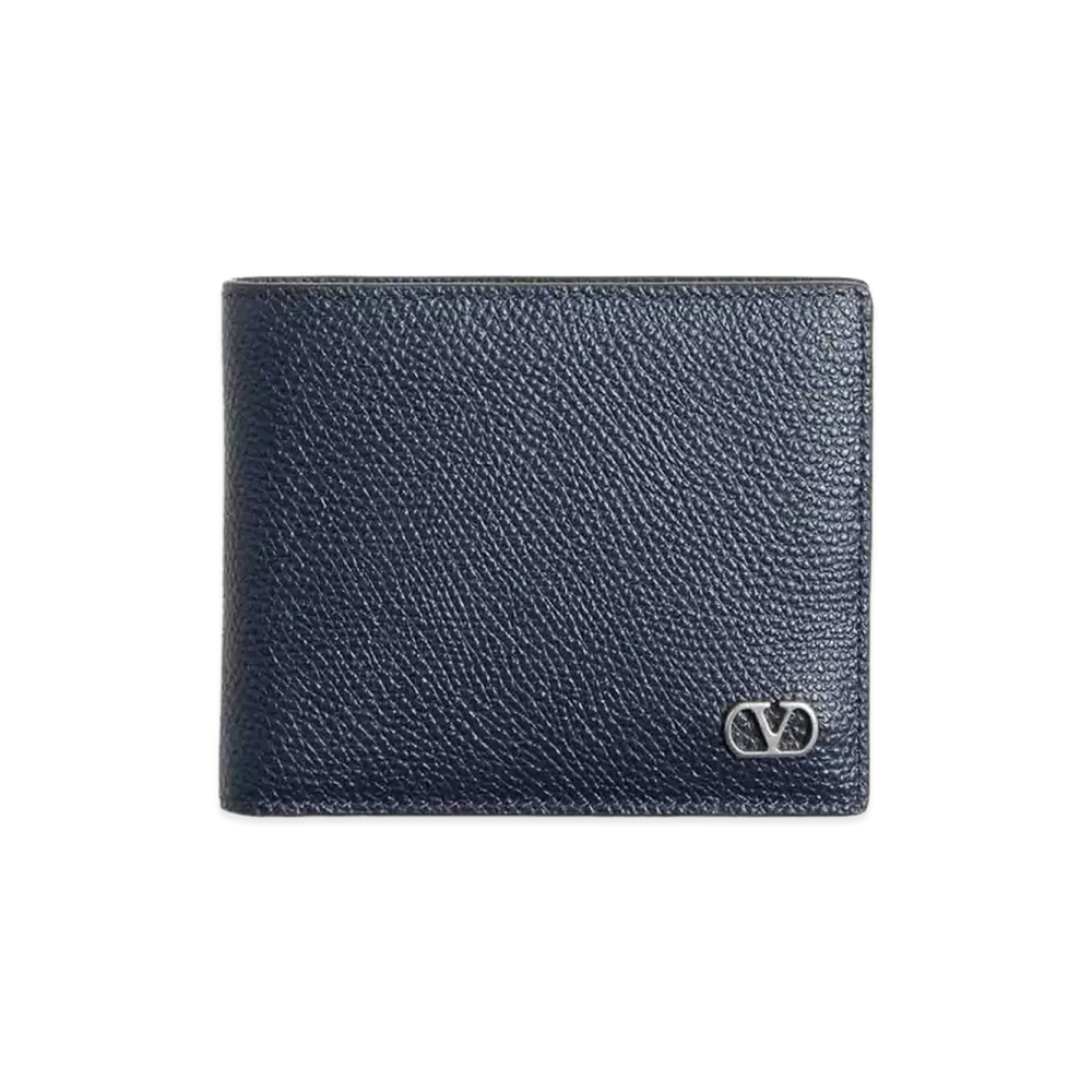 Valentino V Logo Signature Grainy Calfskin Bi-Fold Wallet "Marine"