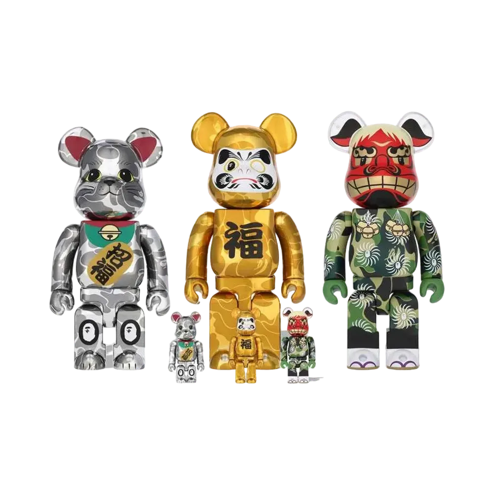 Bearbrick x BAPE Manekineko Ginmekki Daruma Kinmekki Shishimai 100% & 400%