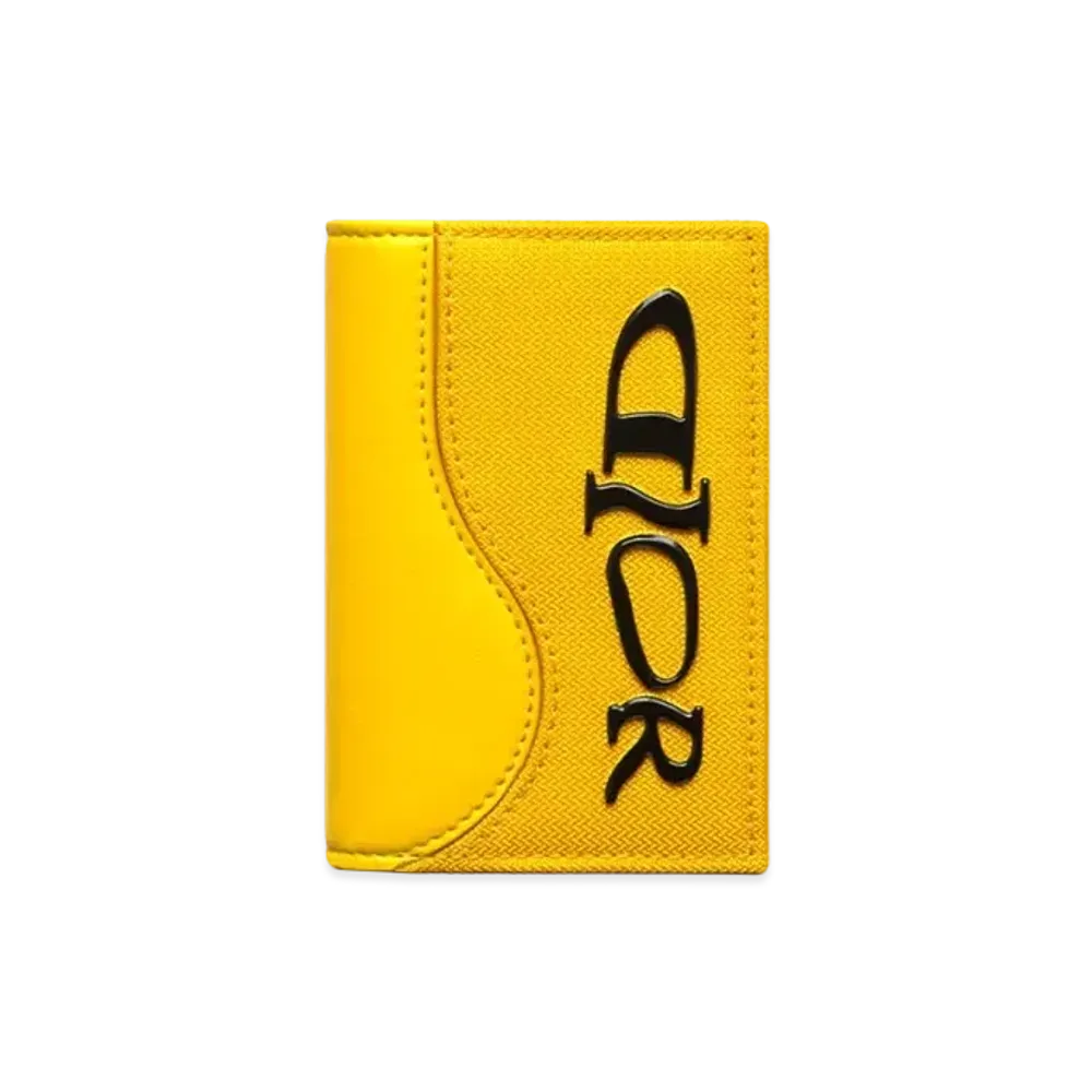 Dior x LEWIS HAMILTON Saddle Vertical Bifold Card Holder Nylon and Leather Effect Technical Fabric "Yellow"