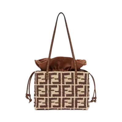 FENDI Small Roll FF Raffia Crochet Shopper with Pouch "Brown"