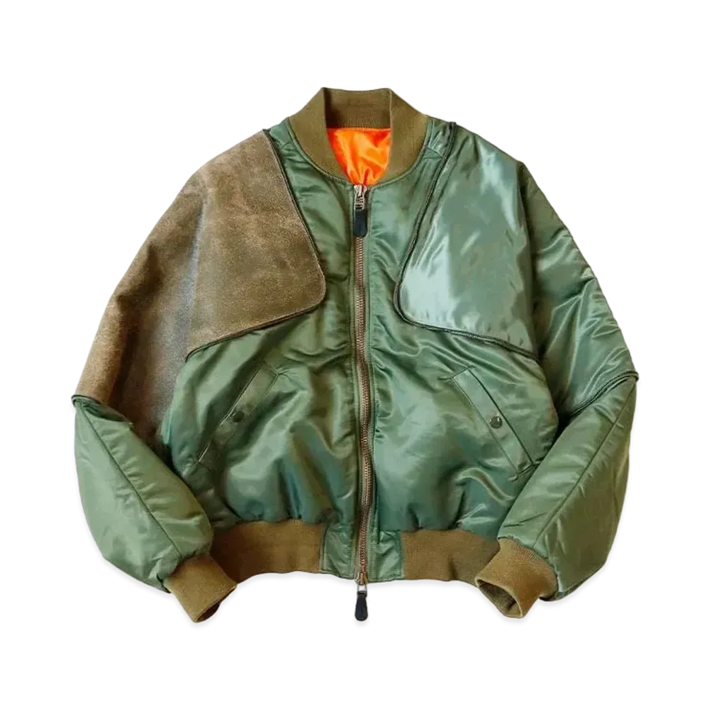 KAPITAL MA-1 Nylon Crack Leather Sham Bomber Jacket "khaki"