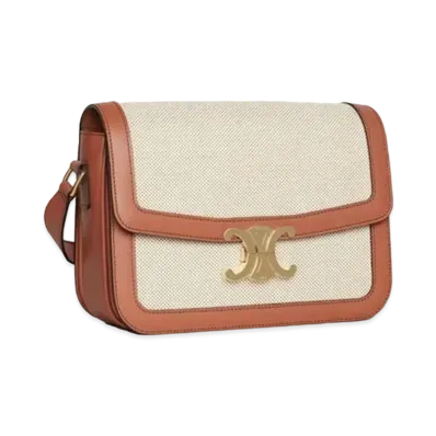 CELINE Medium Triomphe Bag in Textile and Natural Calfskin "Tan/White"