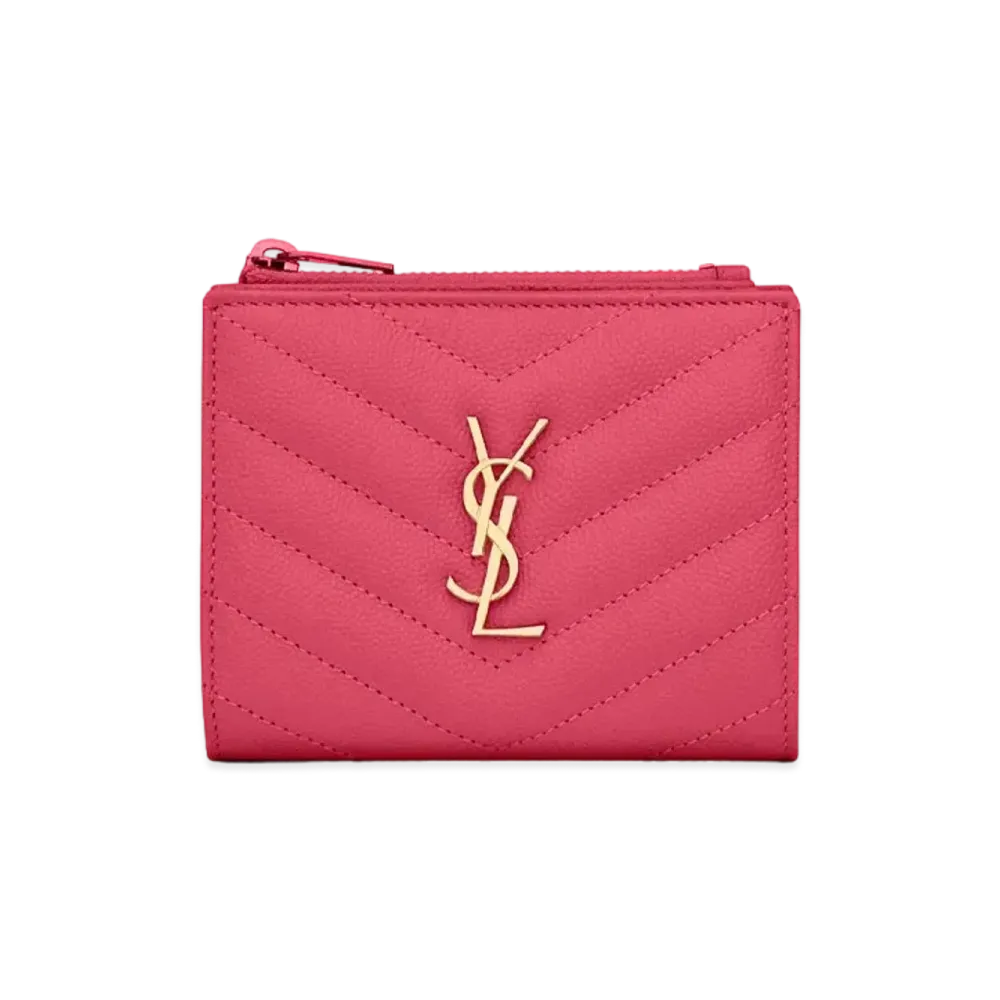 SAINT LAURENT Monogram Bi-Fold Wallet In Grain De Poudre Embossed Leather "Fuchsia"