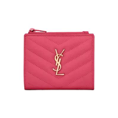 SAINT LAURENT Monogram Bi-Fold Wallet In Grain De Poudre Embossed Leather "Fuchsia"