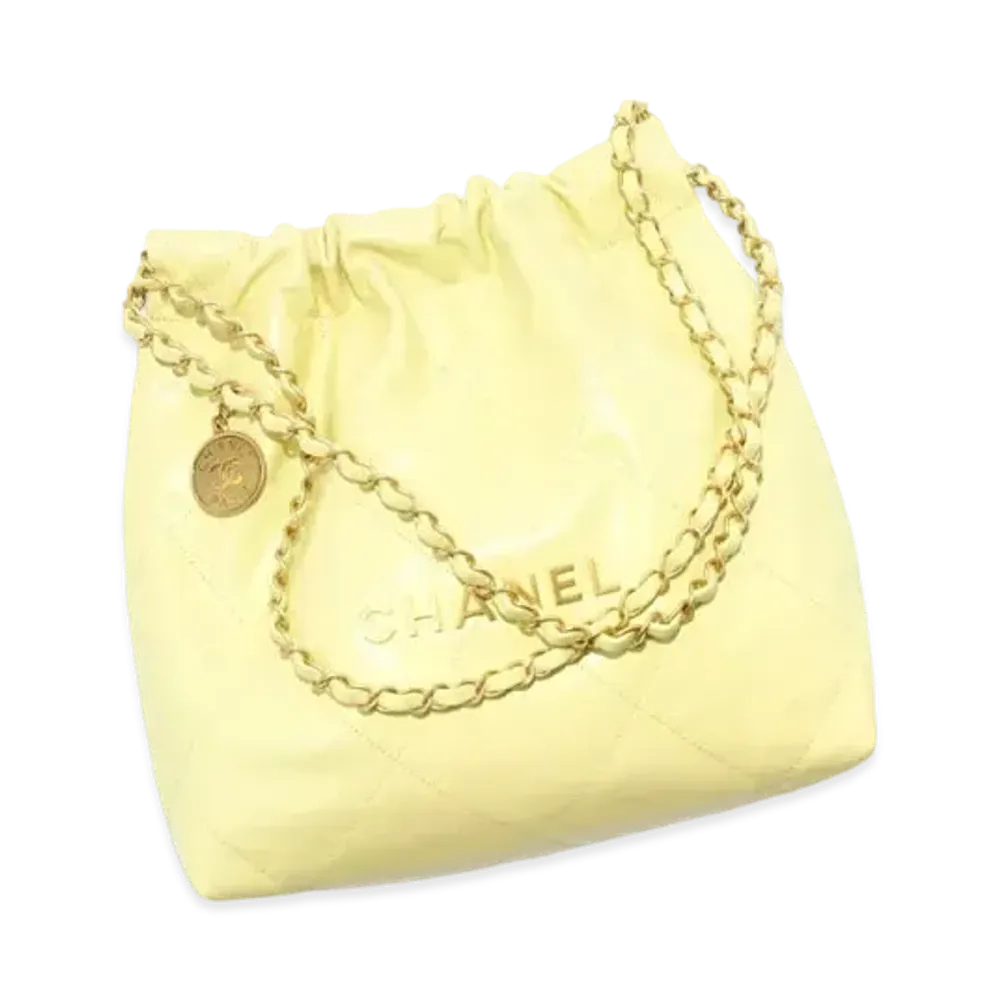 CHANEL 22 Small Handbag Shiny Calfskin & Gold Tone Metal "Yellow"