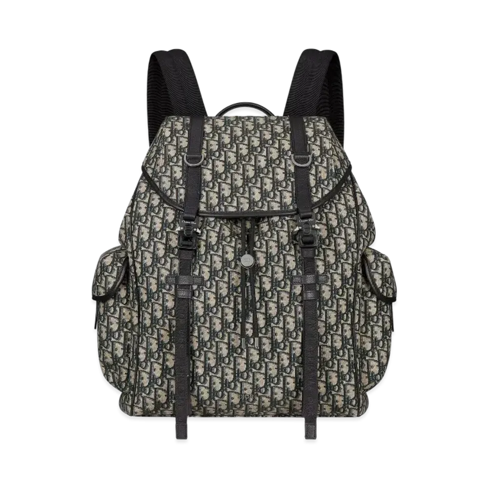 Dior Hit the Road Backpack with Flap Dior Oblique Jacquard with Grained Calfskin "Beige/Black"