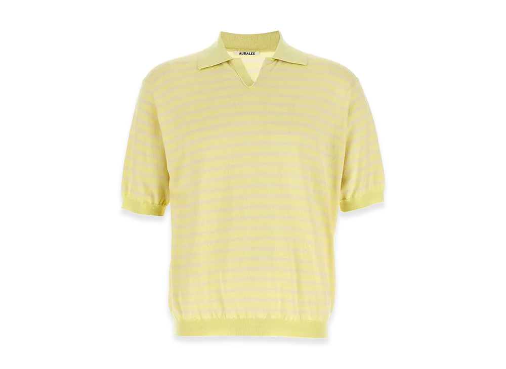 AURALEE High Gauge Cotton Knit Skipper Polo "Yellow Pink Stripe"
