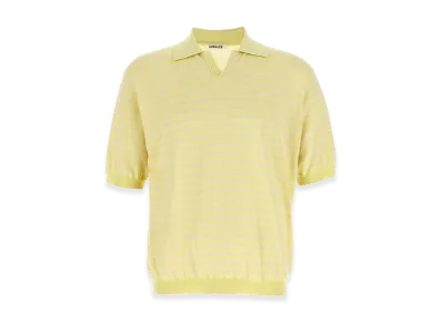AURALEE High Gauge Cotton Knit Skipper Polo "Yellow Pink Stripe"