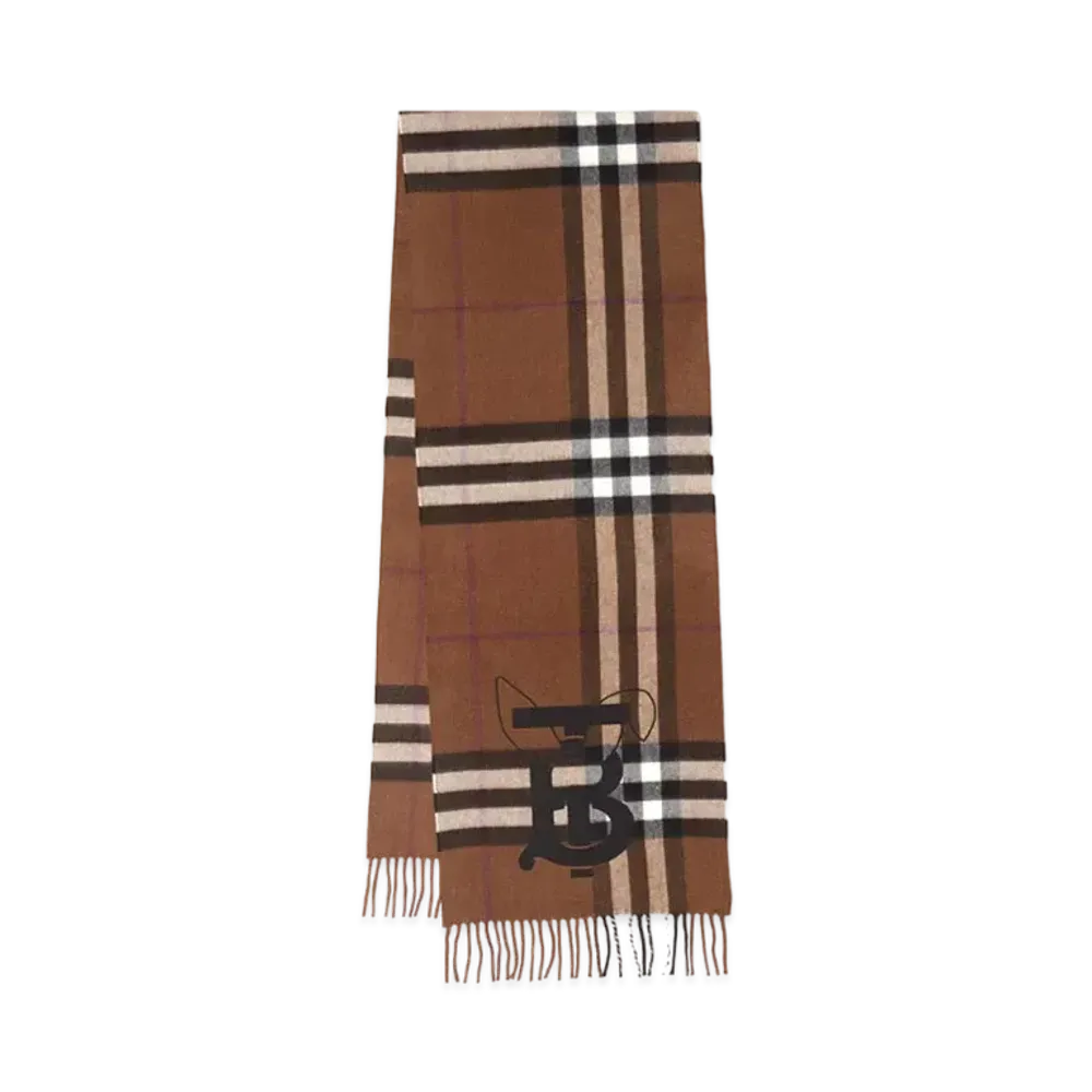 Burberry Rabbit Embroidered Check Cashmere Scarf "Dark Birch Brown"