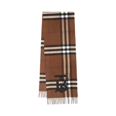 Burberry Rabbit Embroidered Check Cashmere Scarf "Dark Birch Brown"
