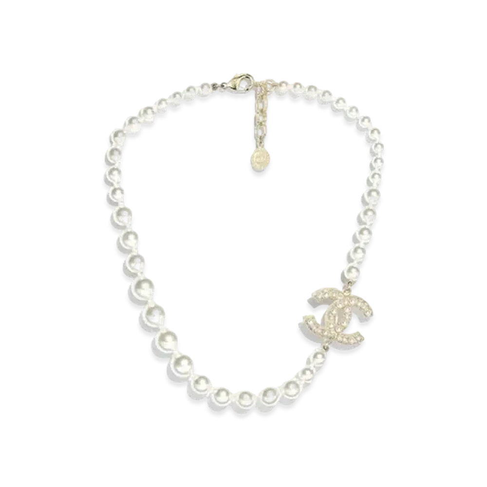 CHANEL CC Glass Pearls Necklace "Gold"