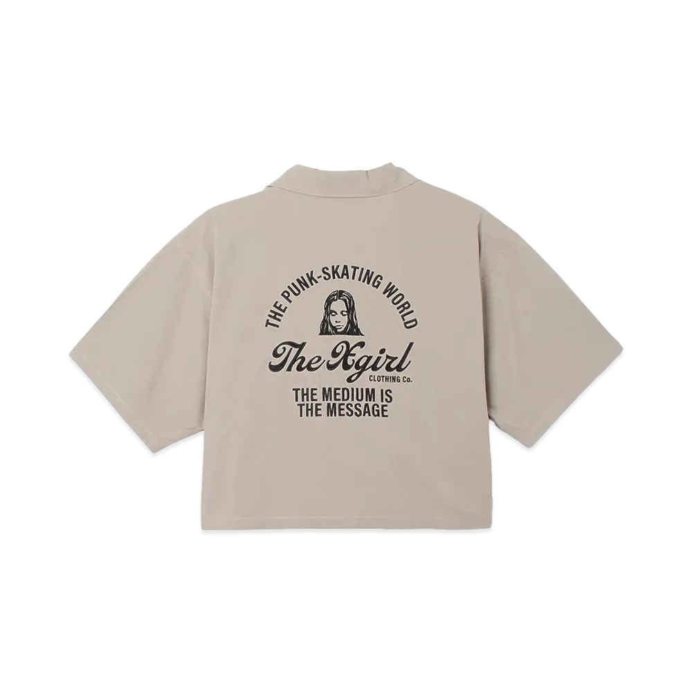 X-Girl Women's Arch Logo And Face Open Collar Cropped Shirt "Beige"