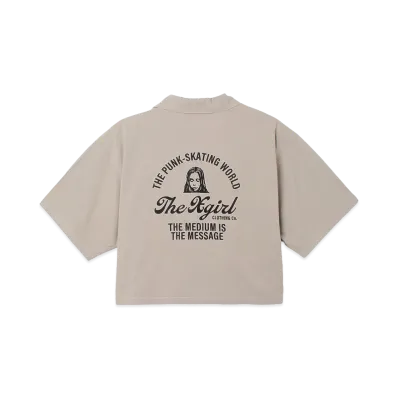 X-Girl Women's Arch Logo And Face Open Collar Cropped Shirt "Beige"