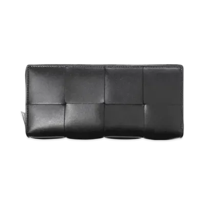 Bottega Veneta Casette Maxi Intrecciato Calfskin Slim Zip Around Wallet "Black"