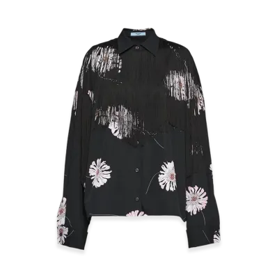 PRADA Women's Printed Poplin Shirt Fringe "Pink"