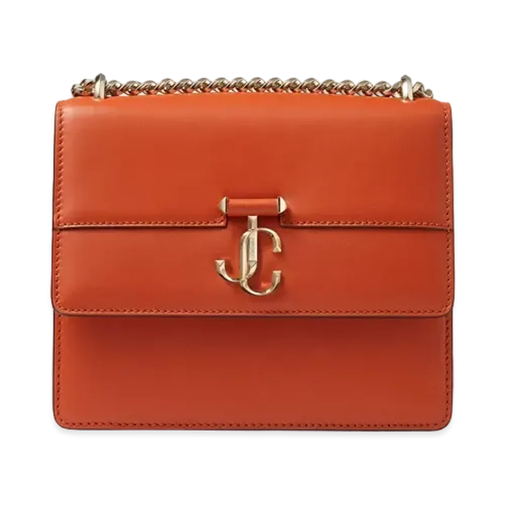 JIMMY CHOO VARENNE QUAD Light Gold JC Logo With Fine Shiny Curf Leather Shoulder Bag "Dark Amber Orange"