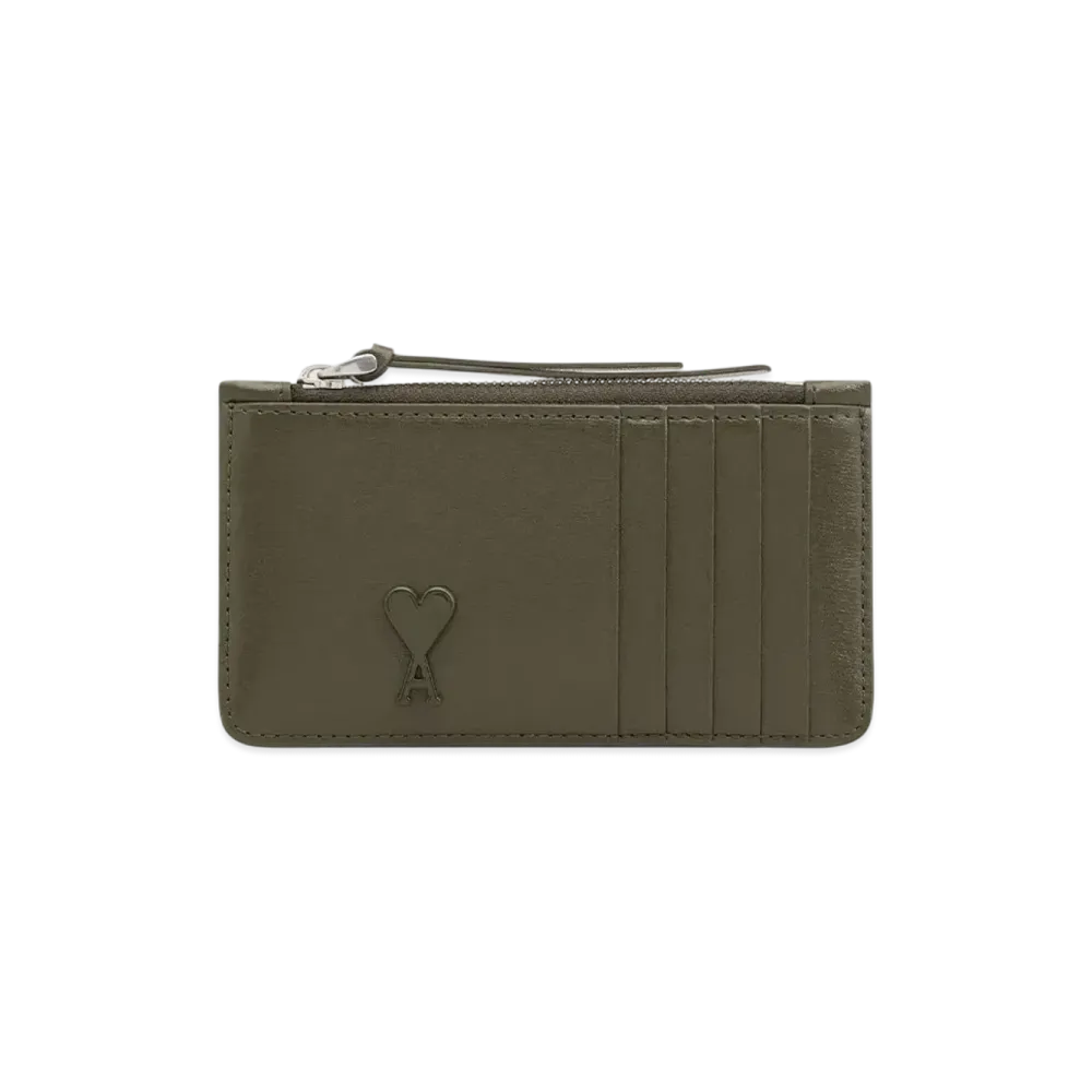 AMI PARIS Leather Zip Card Holder "OliveNoire"