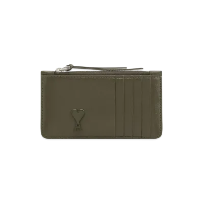 AMI PARIS Leather Zip Card Holder "OliveNoire"