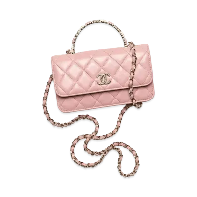 CHANEL Flap Phone Holder With Chain Lambskin Resin & Gold Tone Metal "Pink"