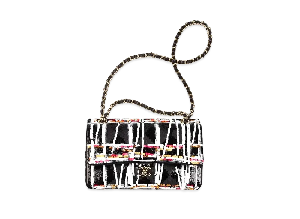 CHANEL Classic Handbags Embroidery Satin & Sequin "Black/White/Red&Gold"