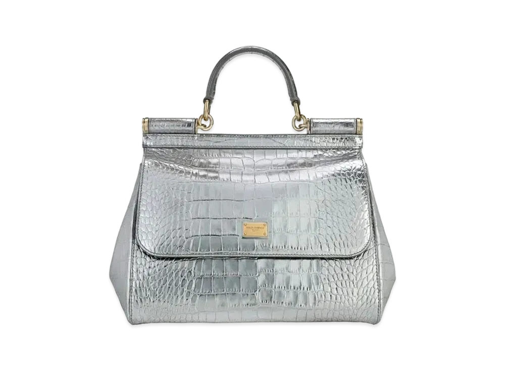Dolce&Gabbana Sicily Bag Medium Laminated Croco Printed Calfskin "Silver"