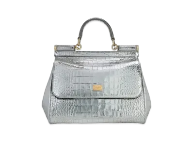 Dolce&Gabbana Sicily Bag Medium Laminated Croco Printed Calfskin "Silver"
