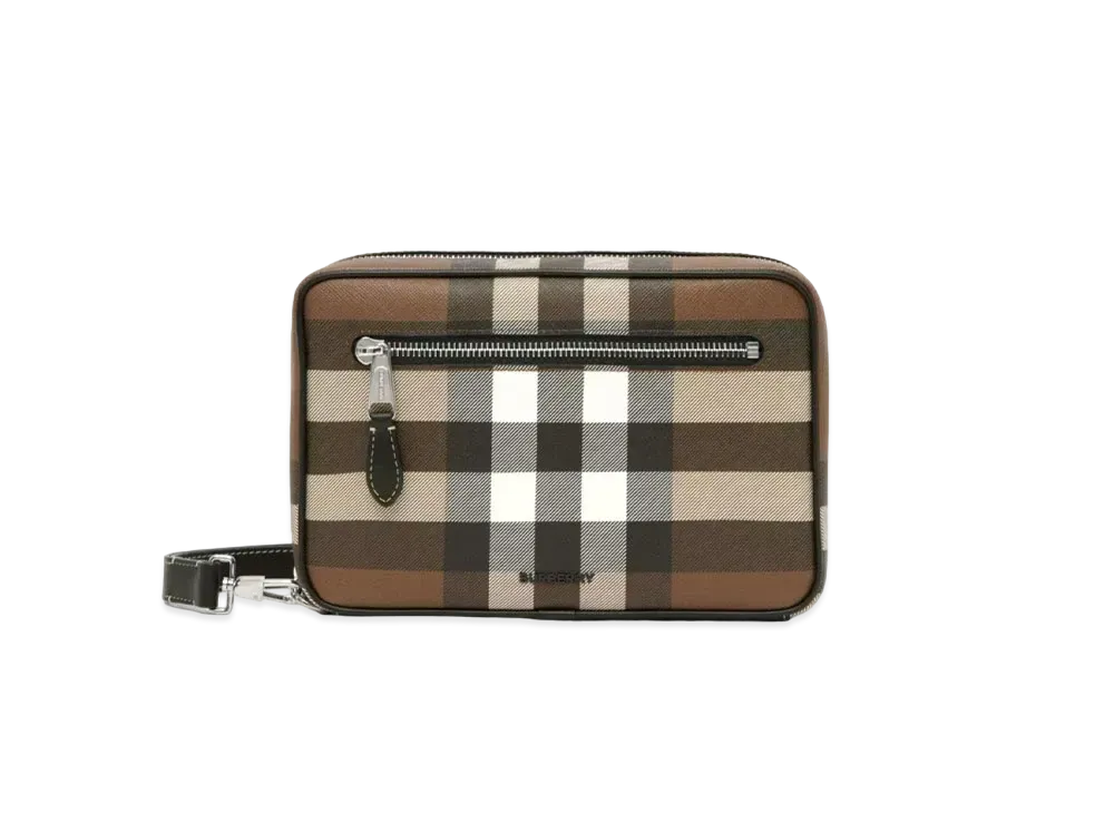BURBERRY Check & Leather Zip Pouch "Dark Bachi Brown"