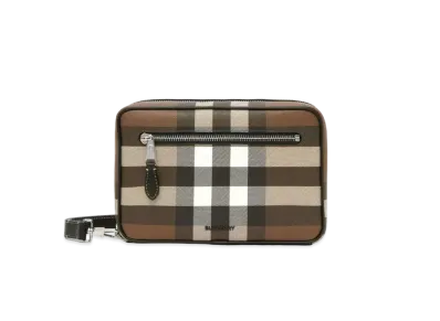 BURBERRY Check & Leather Zip Pouch "Dark Bachi Brown"