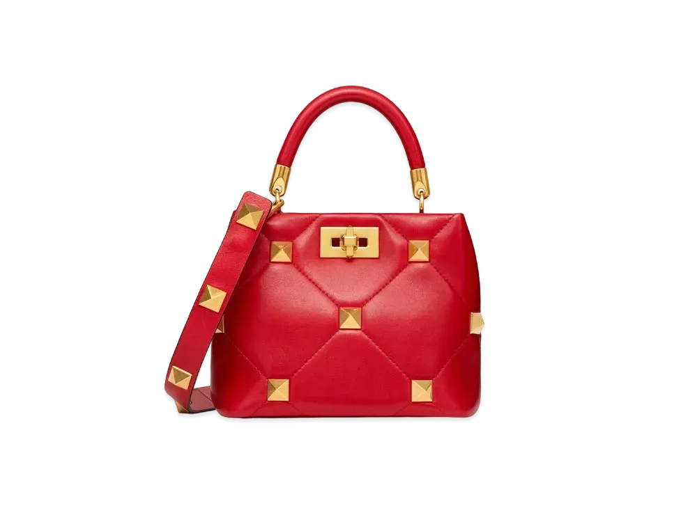 Valentino Small Roman Stud The Handle Bag In Nappa "Pure Red"
