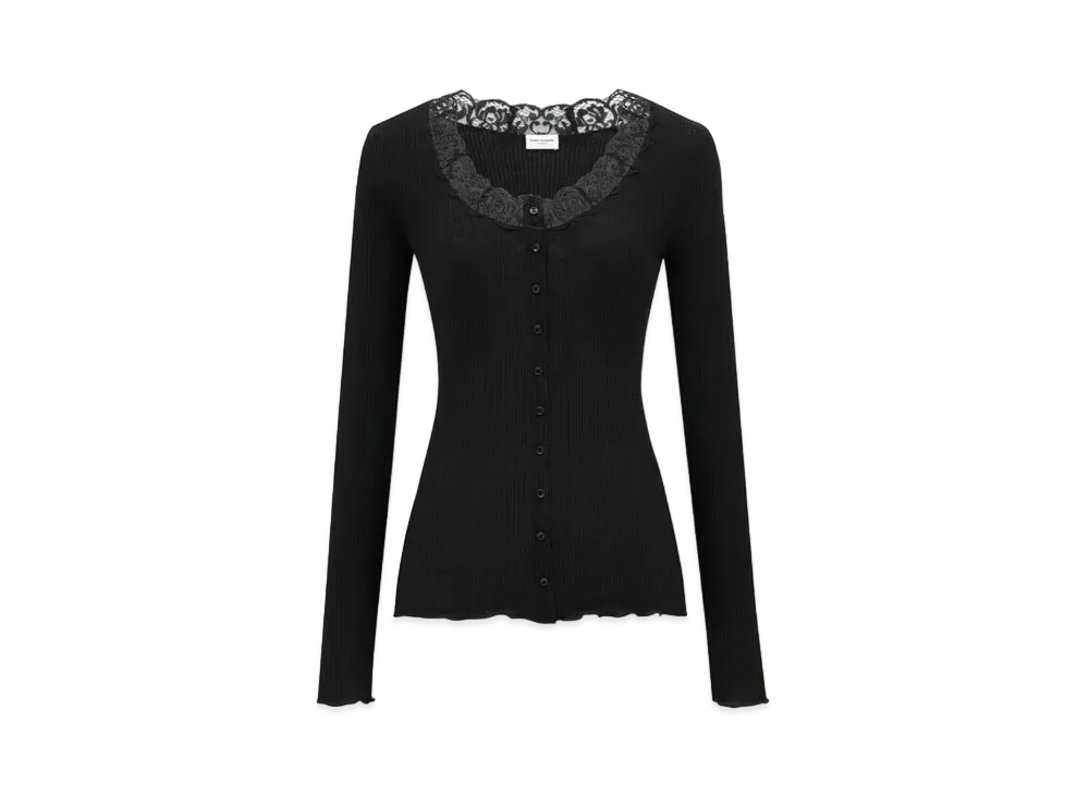 Saint Laurent Women's Laced Cardigan in Ribbed Wool and Silk "Black"