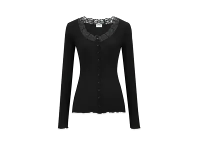 Saint Laurent Women's Laced Cardigan in Ribbed Wool and Silk "Black"