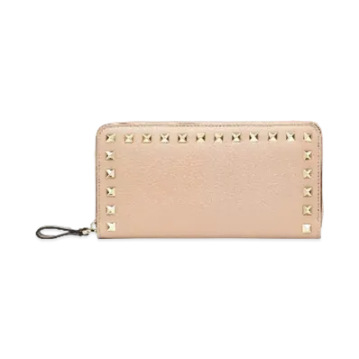 Valentino Rockstud Grainy Calfskin Zippered Wallet "Poudre"