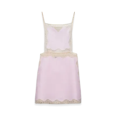 PRADA Women's Embroidered Lace Trimmed Linen Mini Dress "Pink"