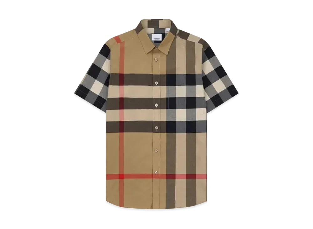 Burberry Men's Short Sleeve Check Stretch Cotton Poplin Shirt "Archive Beige"