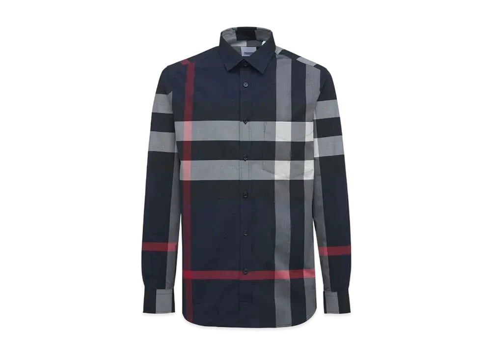 Burberry Men's Check Stretch Cotton Poplin Shirt "Navy"